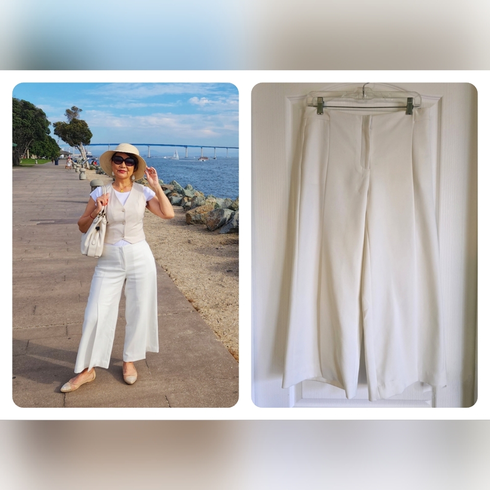 🤍EUC WHBM Ivory Wide Leg Cropped Front Slits Lined Trousers, 4R